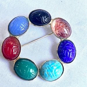 Vintage Scarab Brooch Silver Tone Semi Precious Stones Egyptian Revival Jewelry